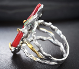 Серебряное кольцо с кораллами и изумрудами Серебро 925