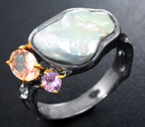 Серебряное кольцо с жемчужиной барокко, морганитом и розовым сапфиром Серебро 925