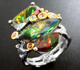 Серебряное кольцо с ограненными черными опалами и разноцветными сапфирами Серебро 925