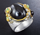 Серебряное кольцо с черной шпинелью, родолитами и кристаллическими эфиопскими опалами Серебро 925