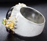 Серебряное кольцо с черной шпинелью, родолитами и кристаллическими эфиопскими опалами Серебро 925