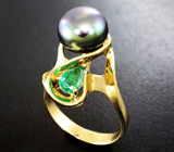Золотое кольцо с цветной жемчужиной 5,15 карата и изумрудом! Титановый люстр