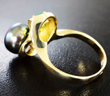 Золотое кольцо с цветной жемчужиной 5,15 карата и изумрудом! Титановый люстр Золото