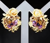Золотые массивные серьги с контрастными аметринами лазерной огранки 15,2 карата, аметистами, желтыми сапфирами и бриллиантами Золото