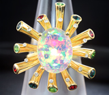 Золотое массивное кольцо с ограненным опалом 4,13 карата, бриллиантами, красными сапфирами, цаворитами и гранатами со сменой цвета Золото