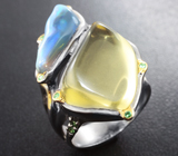 Серебряное кольцо с лимонным цитрином, австралийским solid опалом и цаворитами Серебро 925