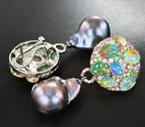 Серебряные серьги с цветным жемчугом, кристаллическими эфиопскими опалами, цаворитами, разноцветными сапфирами и рубинами Серебро 925