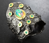 Серебряное кольцо с кристаллическим эфиопским опалом и хризопразами Серебро 925