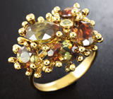 Золотое кольцо с андалузитами 4,4 карата, зеленым сапфиром и бриллиантом Золото