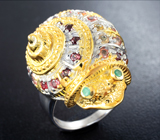 Серебряное кольцо «Улитка» с разноцветными сапфирами, родолитами и изумрудами Серебро 925