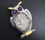 Серебряная брошь с осколком метеорита Кампо-дель-Сьело 46,81 карата и аметистами Серебро 925