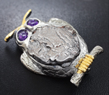 Серебряная брошь с осколком метеорита Кампо-дель-Сьело 46,81 карата и аметистами Серебро 925