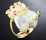Золотое кольцо с жемчугом барокко 24,89 карата, разноцветными сапфирами и цаворитами! Исключительный люстр Золото