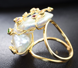 Золотое кольцо с жемчугом барокко 24,89 карата, разноцветными сапфирами и цаворитами! Исключительный люстр Золото