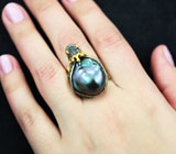 Серебряное кольцо с цветной жемчужиной барокко 46,45 карата, диопсидами, оранжевыми и синими сапфирами Серебро 925