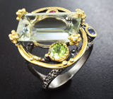 Серебряное кольцо с зеленым аметистом 24 карата, перидотом, рубином и танзанитом Серебро 925