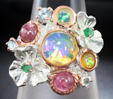 Серебряное кольцо с кристаллическими эфиопскими опалами, розовыми турмалинами, изумрудами и голубыми топазами Серебро 925