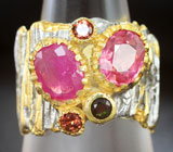 Серебряное кольцо с розовыми сапфирами, мозамбикскими гранатами и ограненным черным опалом Серебро 925