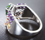 Серебряное кольцо с кристаллическим черным опалом, сапфирами и аметистами Серебро 925