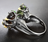 Серебряное кольцо с коньячным цитрином 10+ карат, зеленым аметистом и диопсидами Серебро 925