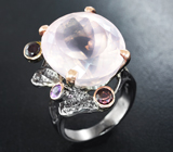 Серебряное кольцо с розовым кварцем 24+ карат, аметистами и родолитами Серебро 925
