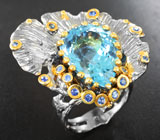 Серебряное кольцо с голубым топазом 16,78 карата и синими сапфирами Серебро 925
