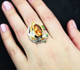 Серебряное кольцо с мексиканским агатом, диопсидами и оранжевыми сапфирами