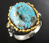 Серебряное кольцо с бирюзой с включениями пирита 10,5 карата и синим сапфиром Серебро 925