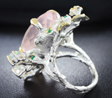 Серебряное кольцо с розовым кварцем, кристаллическими эфиопскими опалами и хризопразом Серебро 925