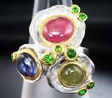 Серебряное кольцо с рубином, сапфирами и диопсидами Серебро 925
