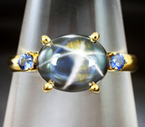 Золотое кольцо cо звездчатым 3,69 карата и синими сапфиром Золото
