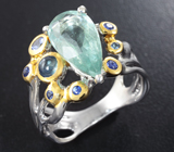 Серебряное кольцо с аквамарином 5,6 карата, синими сапфирами и танзанитом Серебро 925