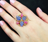 Золотое кольцо с резными танзанитами 9,67 карата, пурпурно-розовыми и желтыми сапфирами Золото