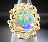 Золотое кольцо с фантастическим ограненным эфиопским опалом 7,17 карата, оранжевыми и зелеными сапфирами! Золото