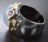 Серебряное кольцо с халцедоном 17+ карат, аметистом и голубым топазом Серебро 925