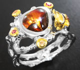 Серебряное кольцо с мексиканским огненным агатом, красными и желтыми сапфирами