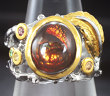 Серебряное кольцо с мексиканским огненным агатом, сапфирами и цаворитом Серебро 925