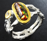 Серебряное кольцо с мексиканским огненным агатом и желтым сапфиром Серебро 925