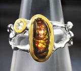 Серебряное кольцо с мексиканским огненным агатом и желтым сапфиром Серебро 925