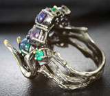 Серебряное кольцо с кристаллическими черными опалами, хризопразом и родолитами Серебро 925