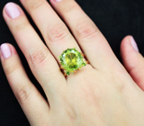 Золотое кольцо с ярким полихромным турмалином 13,21 карата, демантоидами и бриллиантами Золото