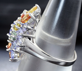 Праздничное серебряное кольцо с танзанитами и разноцветными сапфирами Серебро 925