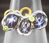Серебряное кольцо cо звездчатыми сапфирами 4,9 карата и цаворитами Серебро 925