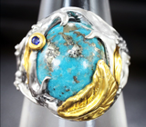 Серебряное кольцо с бирюзой с пиритом 7,67 карата и синим сапфиром Серебро 925