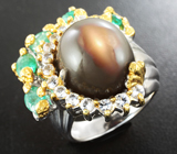 Серебряное кольцо с лунным камнем 19,36 карата, изумрудами и бесцветными топазами