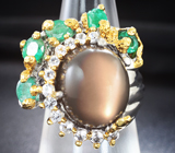 Серебряное кольцо с лунным камнем 19,36 карата, изумрудами и бесцветными топазами Серебро 925