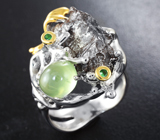 Серебряное кольцо с осколком метеорита Кампо-дель-Сьело 37,2 карата, пренитом и цаворитами Серебро 925