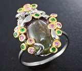Серебряное кольцо с кабошоном полихромного турмалина 3,8 карата, розовыми сапфирами и цаворитами