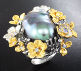 Серебряное кольцо с цветной жемчужиной барокко 38,5 карата и танзанитами Серебро 925