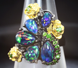 Серебряное кольцо с кристаллическими черными опалами и диопсидами Серебро 925